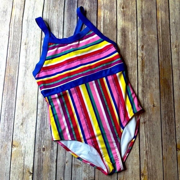 Calvin Klein Swimwear Rainbow Striped Teens Size 12/14 Strappy One Piece Blue - Picture 1 of 11